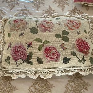 Vintage Needle Point Embroidered Floral Pillow